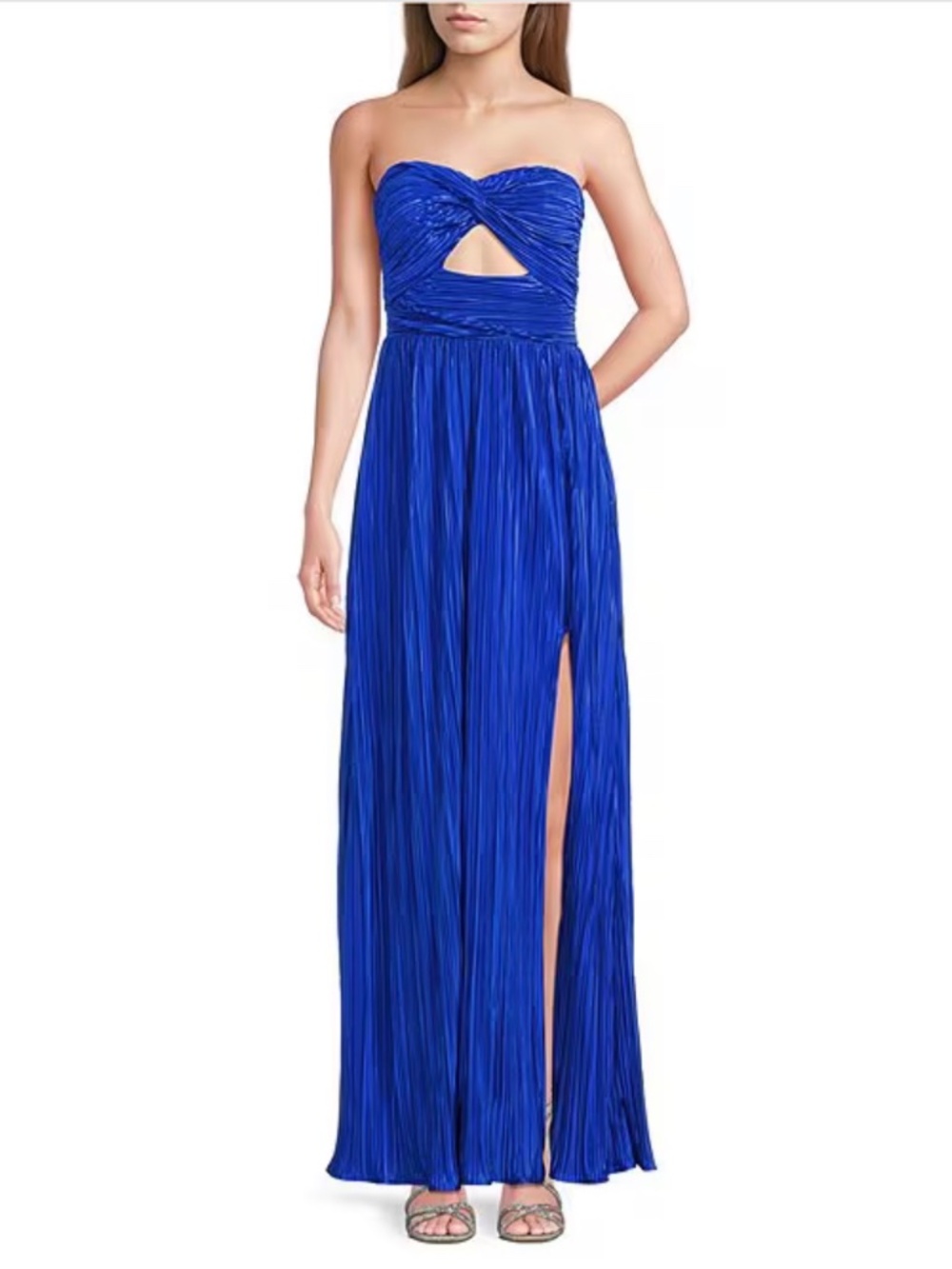 Majestic Strapless Cut-Out Satin Plisse Long Dress
